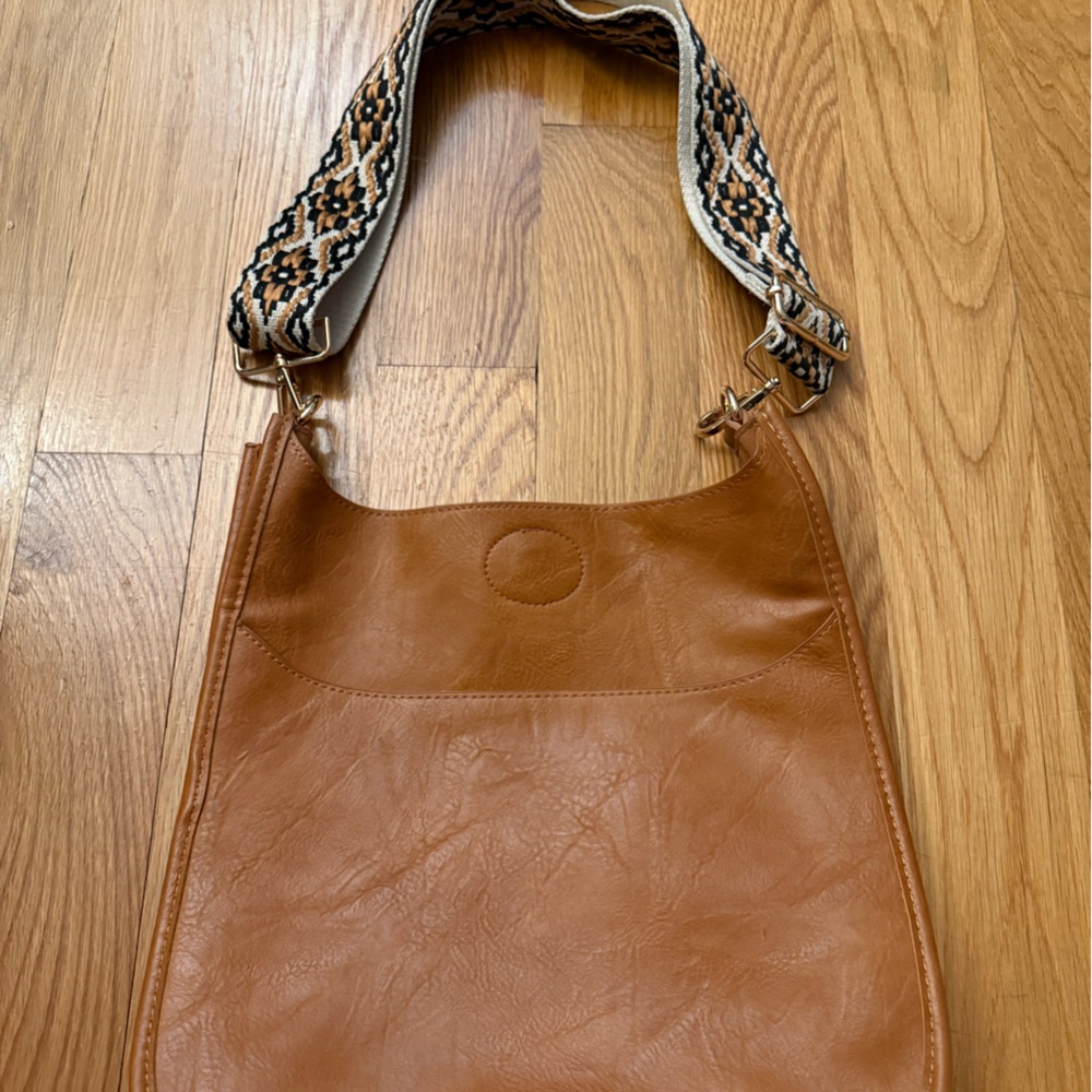 Brown Leather Shoulder Bag with Patterned Strap